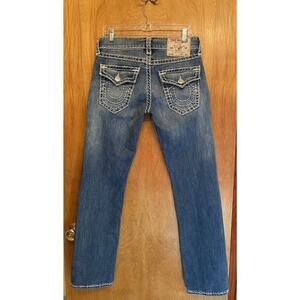 True Religion Ricky Relaxed Straight Super T Jeans 31x33 Blue Stitch Flap Pocket